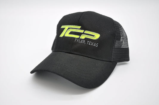 TCP Black Ponytail Hat with Lime Green Embroidered Logo (Black Mesh)