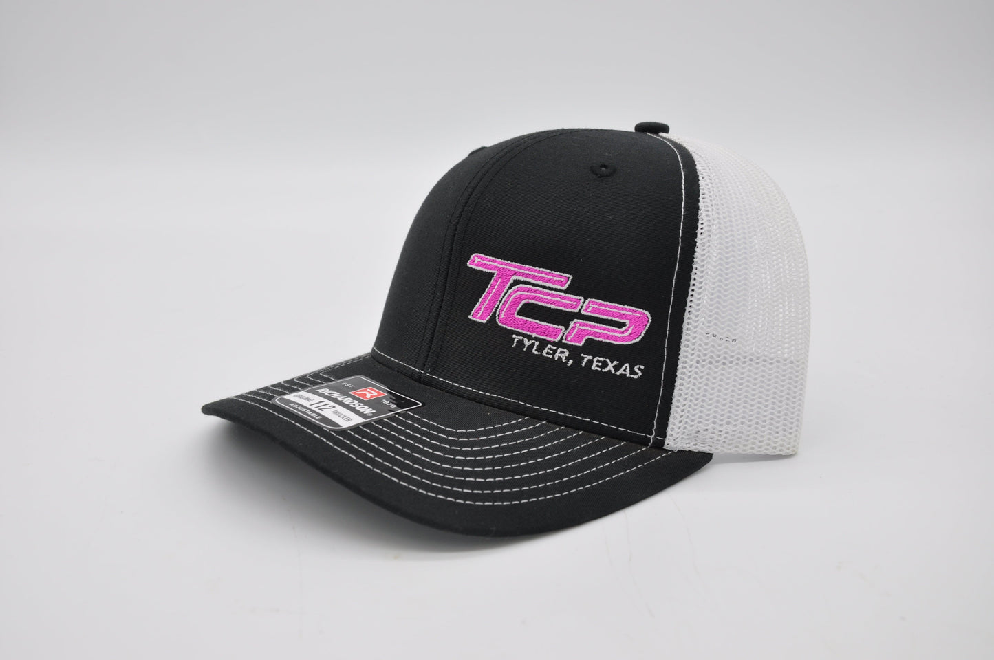 TCP Black Hat with Pink Embroidered Logo (White Mesh)
